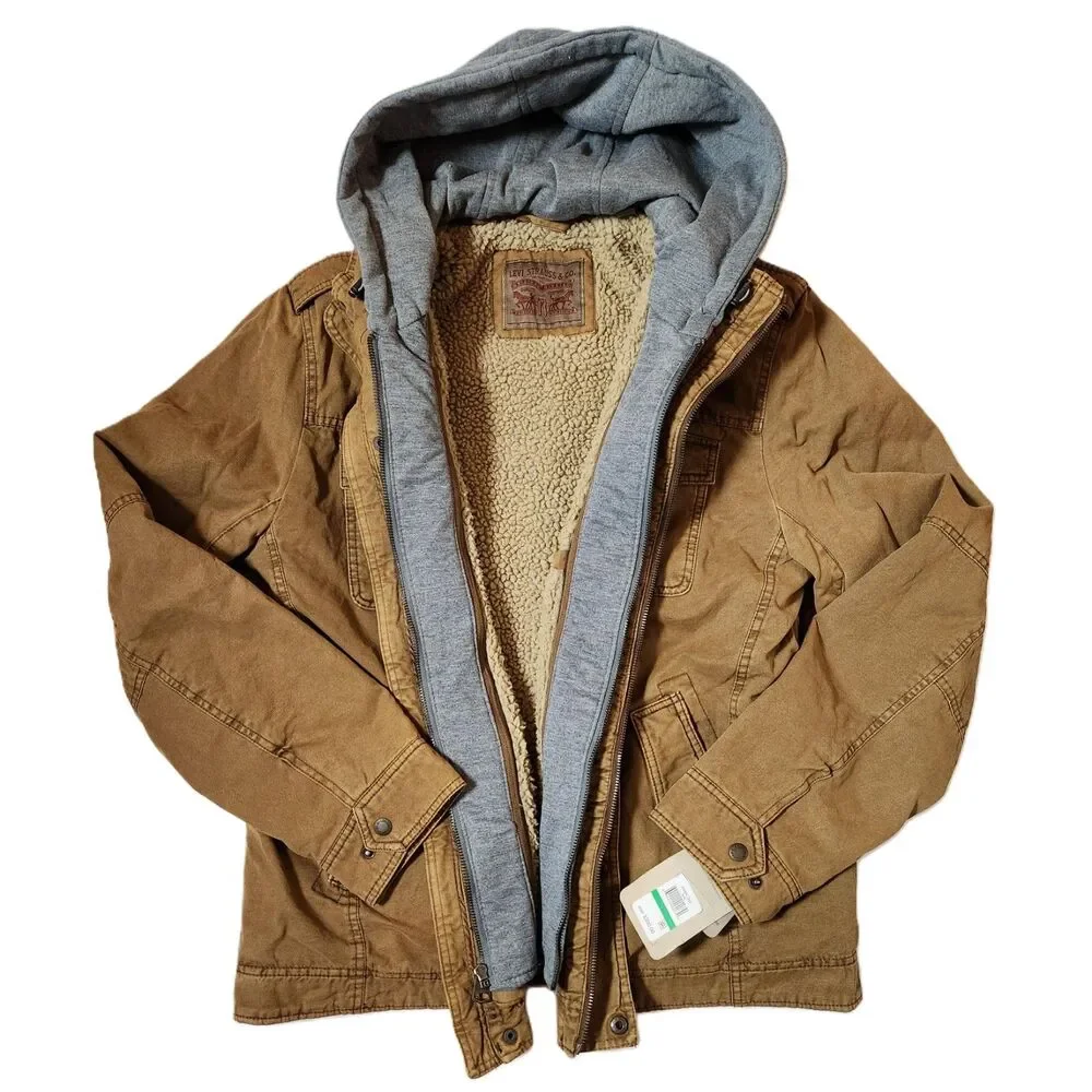 Levi's Washed Cotton Hooded Military Jacket – Men's Size Large Brown **read